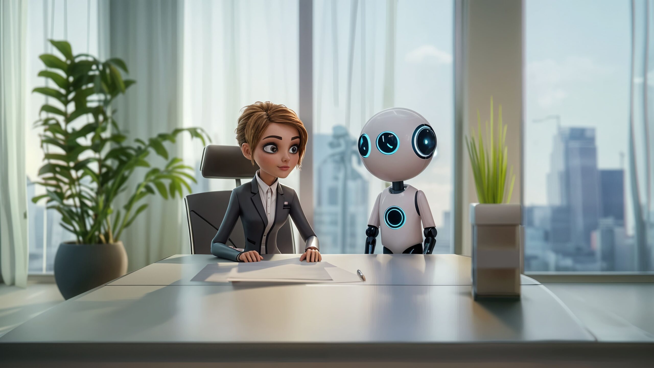 3D cartoon-style businesswoman sitting at a desk with a small humanoid AI robot in a modern office setting