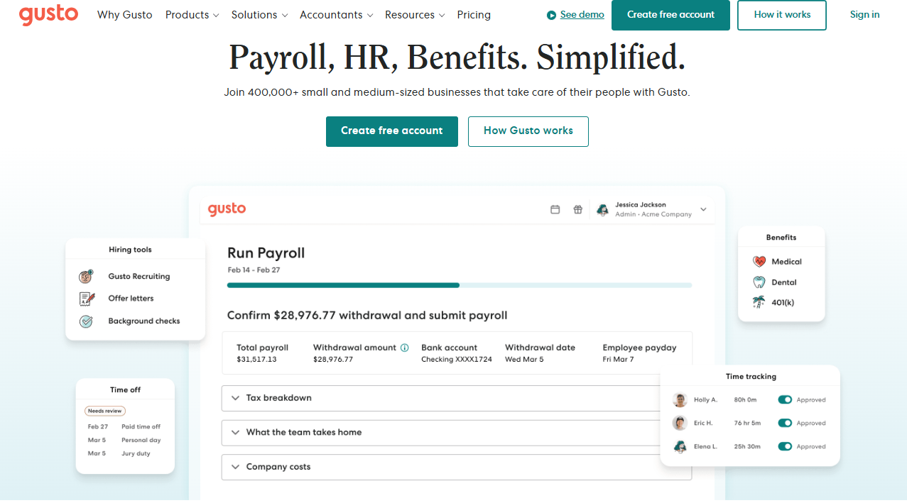 Gusto for payroll and HR management