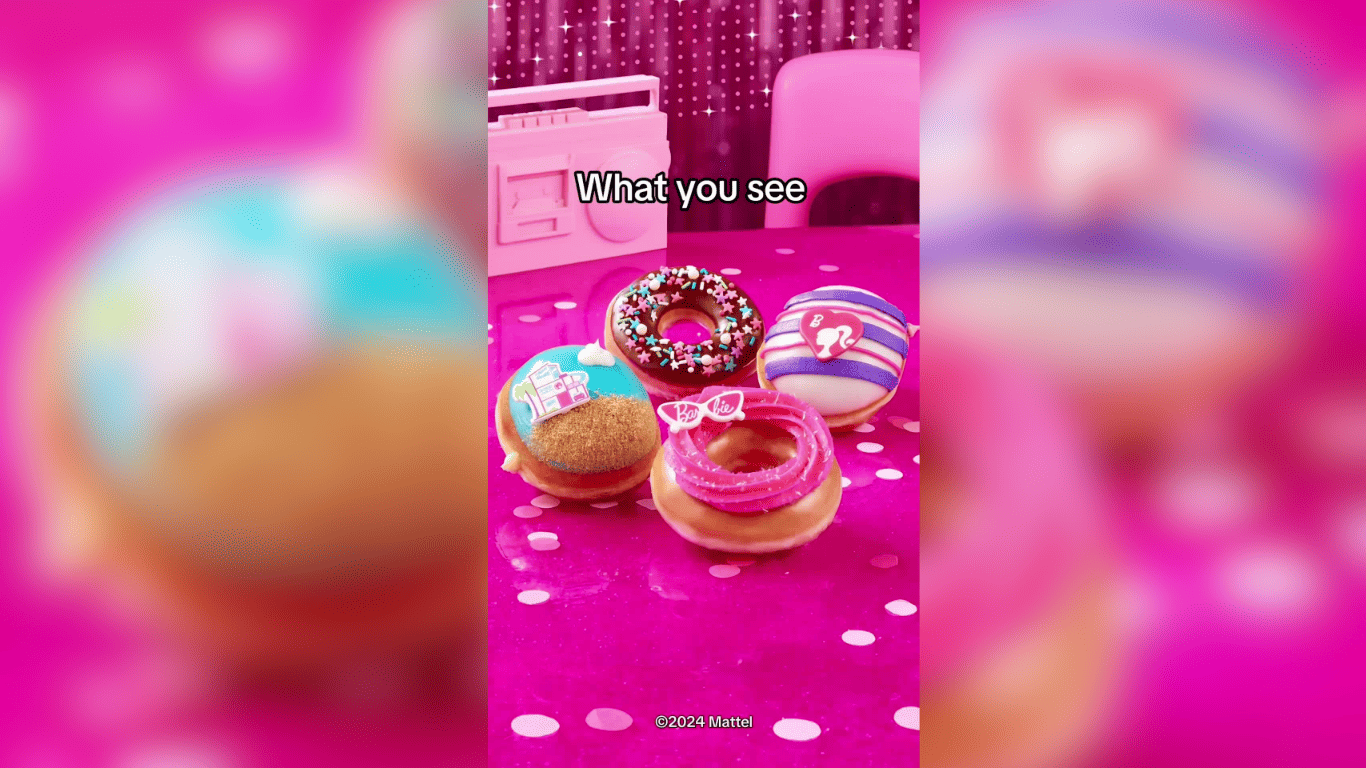 Final look of Barbie-themed donuts shown in behind-the-scenes video