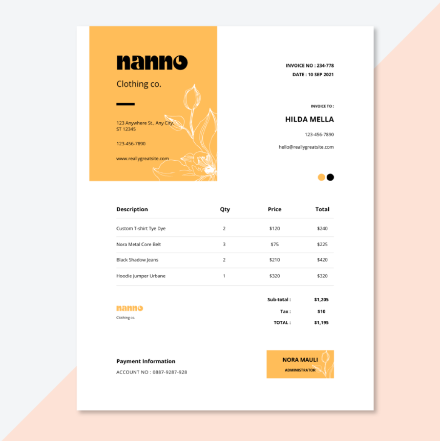 Invoice example for clothing business