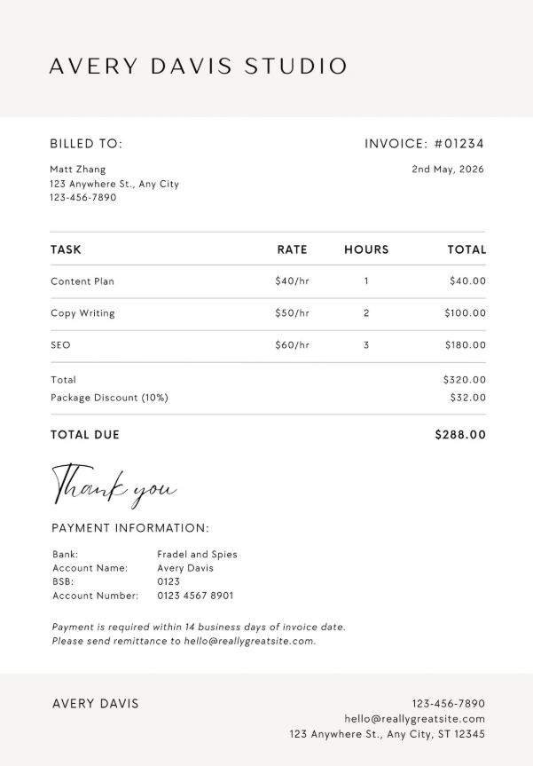 Invoice example for writing service