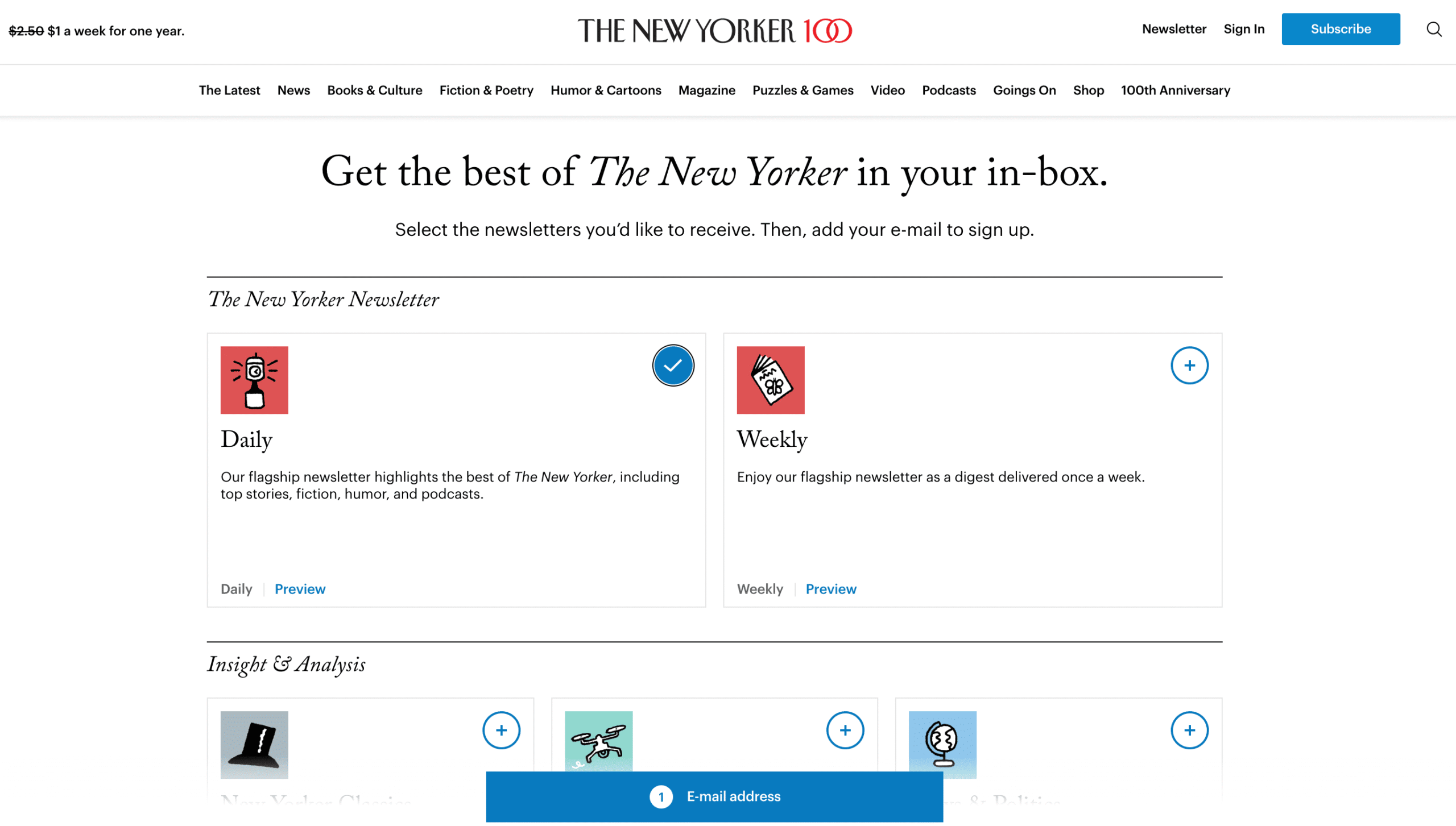 The New Yorker newsletter subscription options page