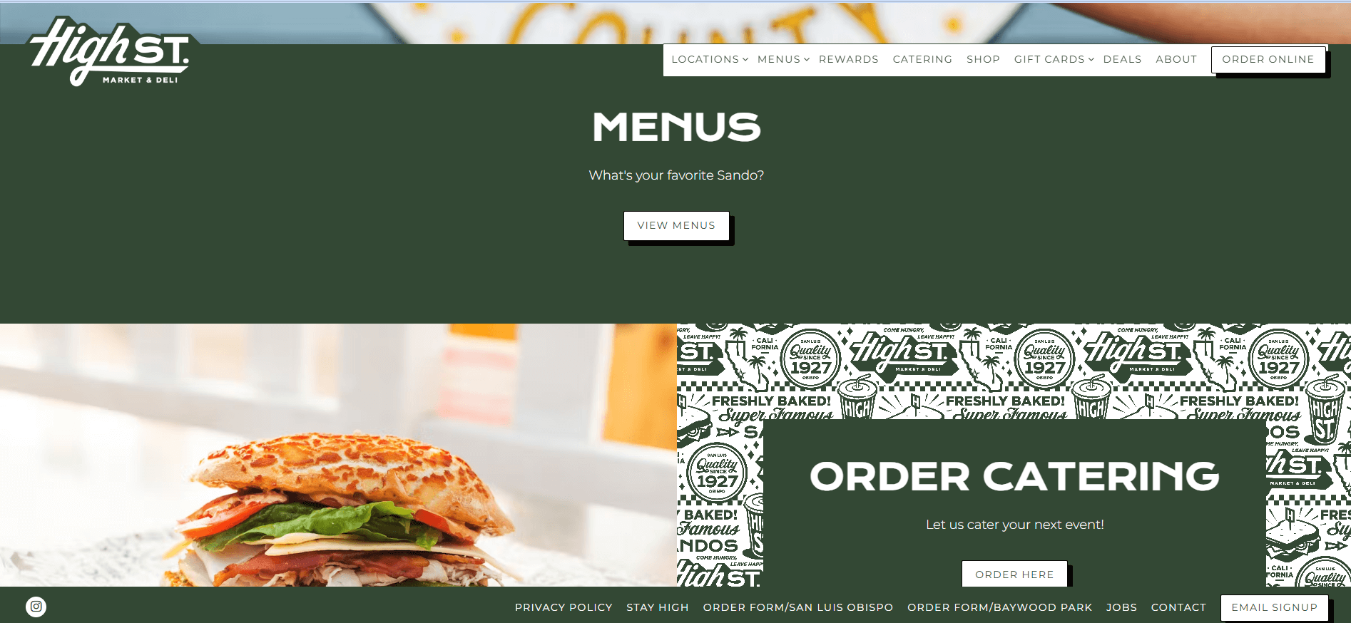 Navigation menu and order catering from High Street Market and Deli web