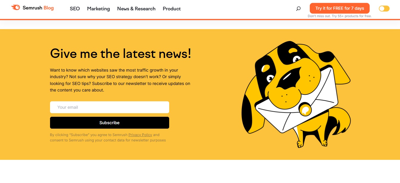 Semrush blog leverages email subscription as its website marketing strategy