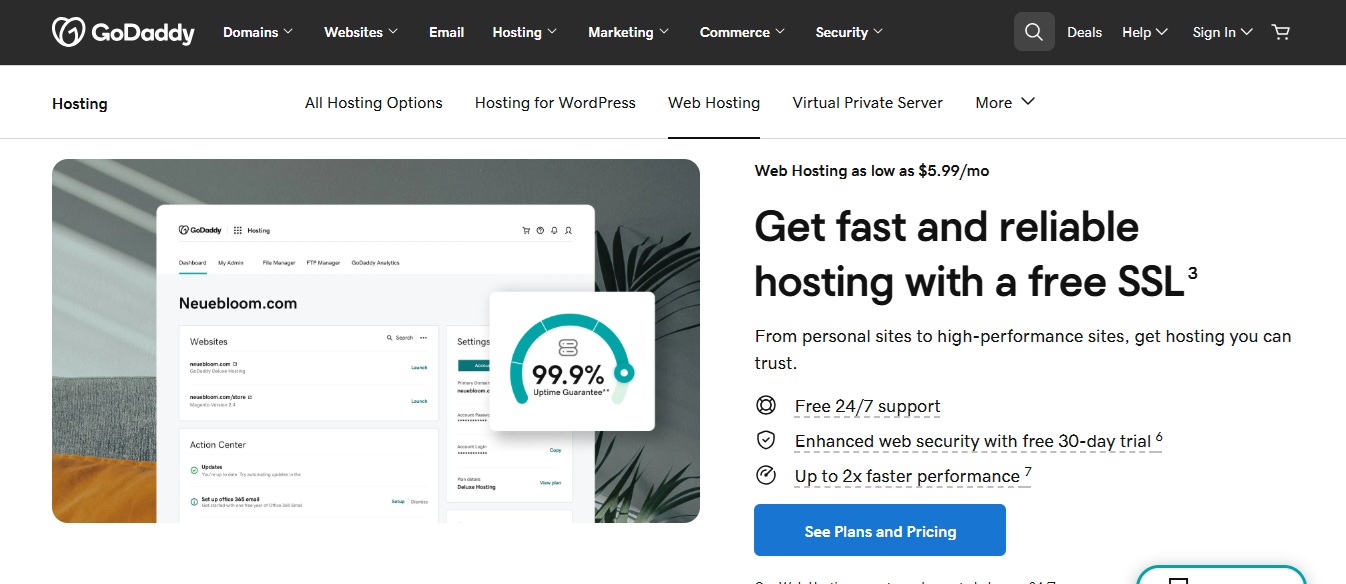 GoDaddy’s well-optimized website hosting landing page