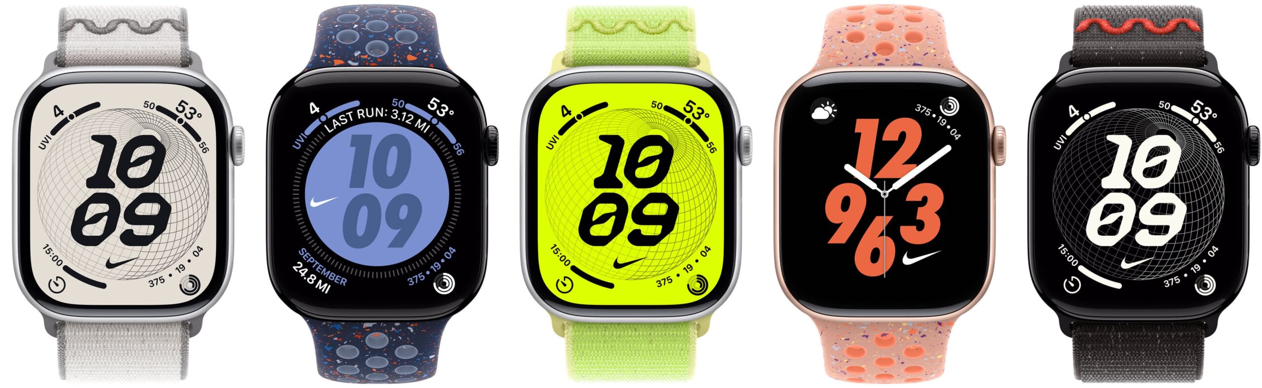 Five Apple Watch Nike+ models showcasing sporty designs