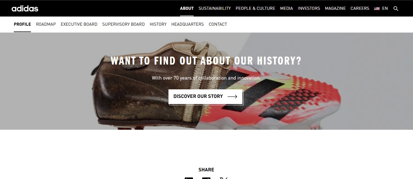 Adidas displaying social media icons on their website