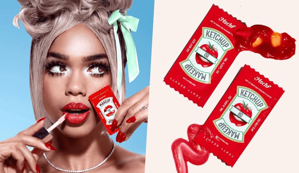Woman applying red lip gloss, holding ketchup-inspired packaging