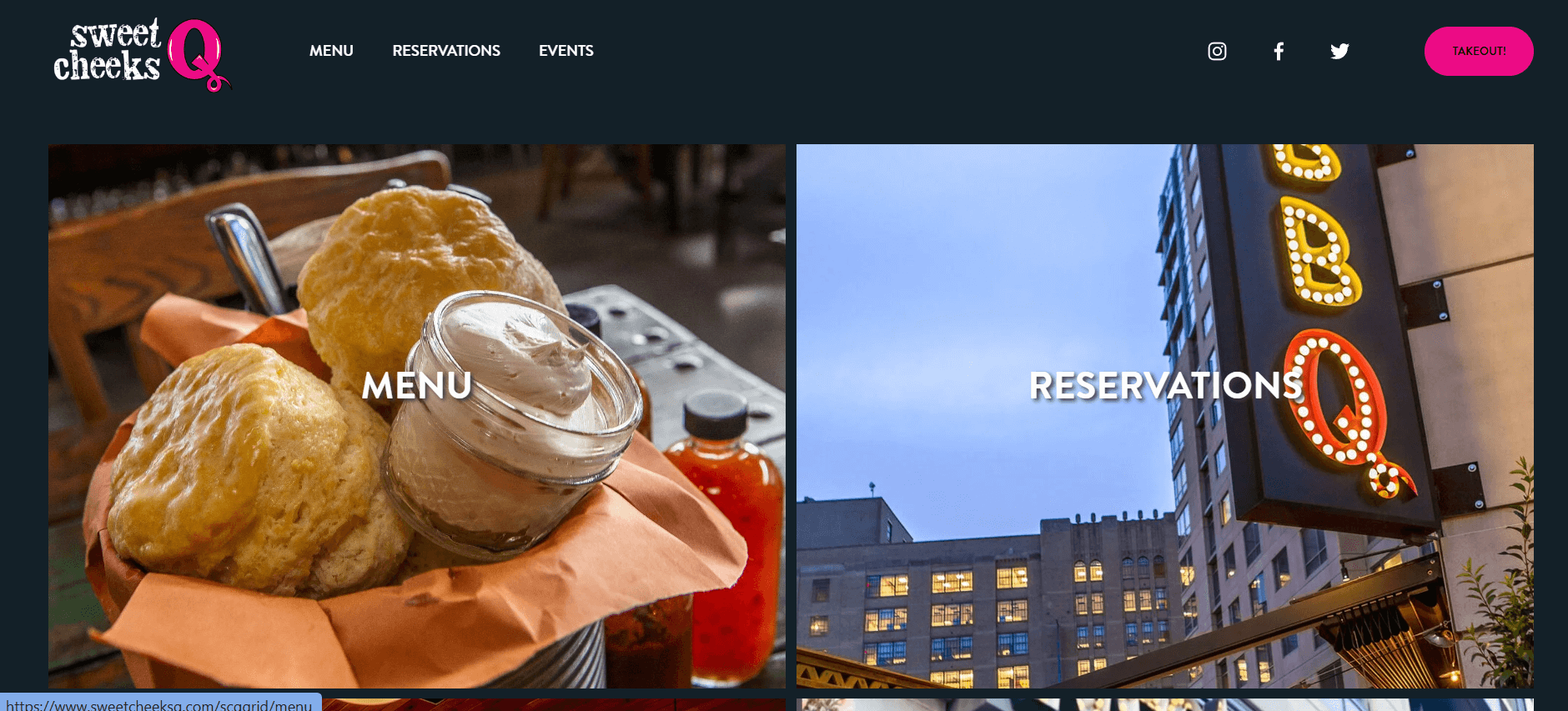 A navigation button uses a large photo on Sweet Cheeks Q