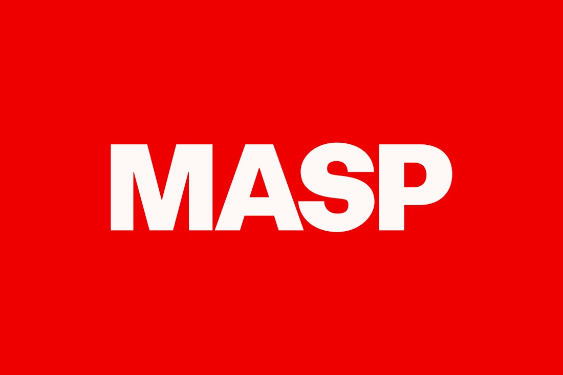 The MASP logotype: white capitals set into a red bar, drawn from the museum building's suspended red beams.